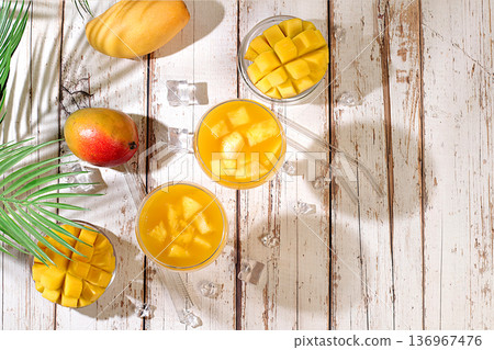 Frozen mojito with tequila, lemon, and ice, lemonade, or juice with mango slices, bar and party concept, restaurant and cafe advertising card, restaurant menu, house party advertising banner. 136967476