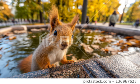 A curious squirrel near a park fountain in autumn, close-up against golden leaves and soft background blur 136967625