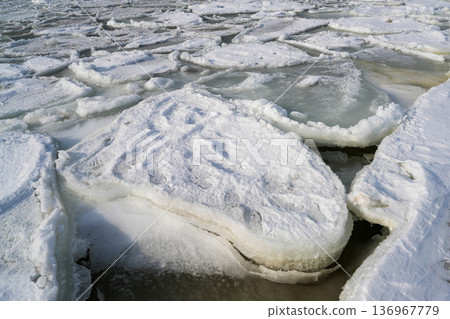 Thick Ice Floes Covering the Baltic Sea Coast in Winter Thick Ice Floes Covering the Baltic Sea Coast in Winter 136967779
