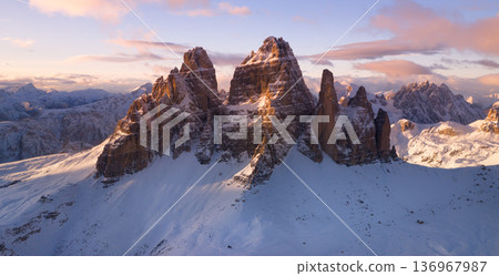 Beautiful Panorama of Tre Cime di Lavaredo in Dolomites Mountains During Winter Beautiful Panorama of Tre Cime di Lavaredo in Dolomites Mountains During Winter 136967987
