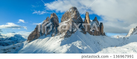 Beautiful Panorama of Tre Cime di Lavaredo in Dolomites Mountains During Winter Beautiful Panorama of Tre Cime di Lavaredo in Dolomites Mountains During Winter 136967991