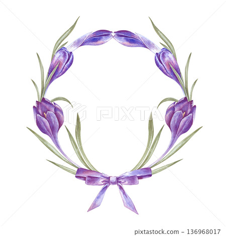 Round Easter frame of blooming crocuses with long leaves and a purple bow on an isolated background. Watercolor illustration of a wreath of spring flowers with an empty place to insert. Round Easter frame of blooming crocuses with long leaves and a purple bow on an isolated background. Watercolor illustration of a wreath of spring flowers with an empty place to insert. 136968017