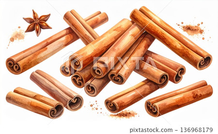 Watercolor Illustration of Cinnamon Sticks and Star Anise on White Background 136968179