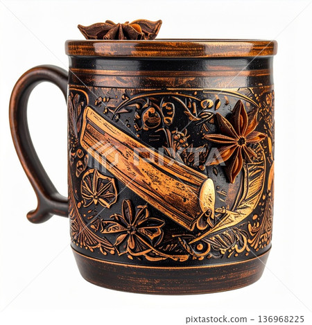 Dark Brown Ceramic Mug with Intricate Spice and Cinnamon Design with Star Anise on Top isolated on a White 136968225
