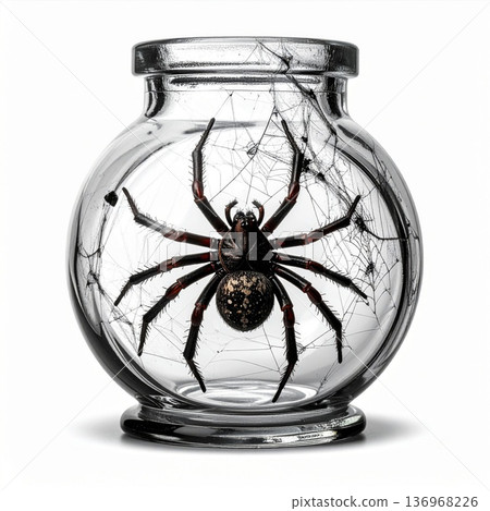 Brown and Black Spider Inside a Clear Broken Glass Jar on White Background Studio Shot 136968226