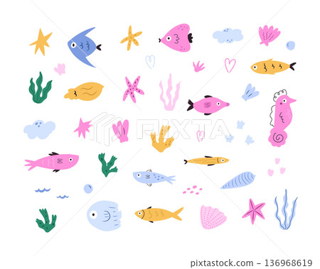 Vector undersea world set with colorful aquatic animals, seashells, tropical fish, corals and seaweed elements 136968619