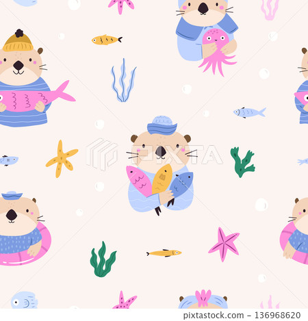 Cute Otter Character Repeating Background, Seamless Pattern. Playful Vector Cartoon Texture for Stationery and Digital Paper. Cute Otter Character Repeating Background, Seamless Pattern. Playful Vector Cartoon Texture for Stationery and Digital Paper. 136968620