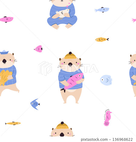 Cute Otter Character Repeating Background with Tropical Fish. Cute Otter Character Repeating Background with Tropical Fish. 136968622