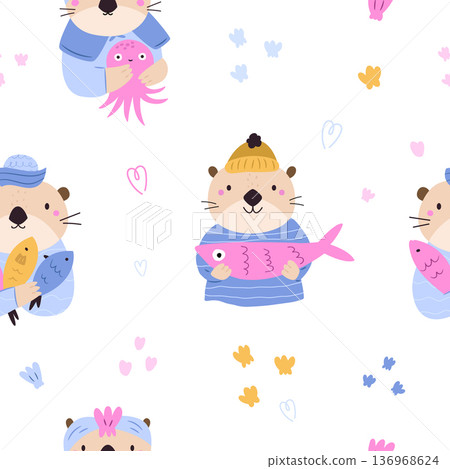 Cute Otter Character Repeating Background, Seamless Pattern. Playful Vector Cartoon Texture for Stationery and Digital Paper. Cute Otter Character Repeating Background, Seamless Pattern. Playful Vector Cartoon Texture for Stationery and Digital Paper. 136968624