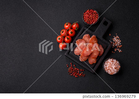 Sliced smoked dry sausage made from turkey or pork for sandwiches. Sliced smoked sausage Sliced smoked dry sausage made from turkey or pork for sandwiches. Sliced smoked sausage 136969279
