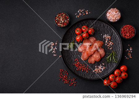 Sliced smoked dry sausage made from turkey or pork for sandwiches. Sliced smoked sausage 136969294