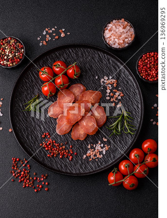 Sliced smoked dry sausage made from turkey or pork for sandwiches. Sliced smoked sausage 136969295