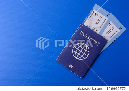 A passport with a foreign visa for flights, travel, and vacations abroad. An international passport 136969772