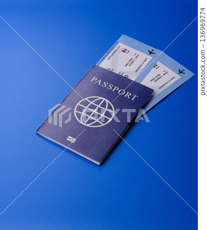 A passport with a foreign visa for flights, travel, and vacations abroad. An international passport 136969774