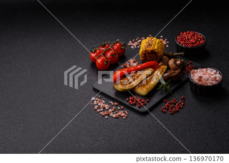 Vegetables. corn, bell peppers, zucchini, and mushrooms grilled or barbecued. Grilled vegetables Vegetables. corn, bell peppers, zucchini, and mushrooms grilled or barbecued. Grilled vegetables 136970170