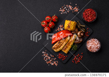 Vegetables. corn, bell peppers, zucchini, and mushrooms grilled or barbecued. Grilled vegetables Vegetables. corn, bell peppers, zucchini, and mushrooms grilled or barbecued. Grilled vegetables 136970171