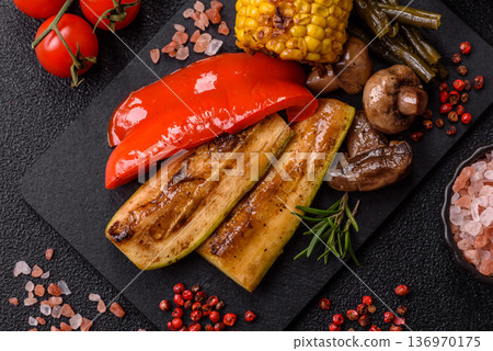 Vegetables. corn, bell peppers, zucchini, and mushrooms grilled or barbecued. Grilled vegetables Vegetables. corn, bell peppers, zucchini, and mushrooms grilled or barbecued. Grilled vegetables 136970175