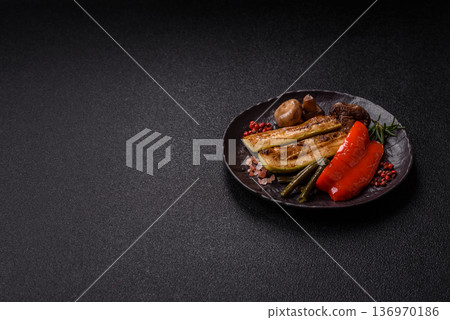 Vegetables. corn, bell peppers, zucchini, and mushrooms grilled or barbecued. Grilled vegetables Vegetables. corn, bell peppers, zucchini, and mushrooms grilled or barbecued. Grilled vegetables 136970186