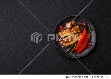 Vegetables. corn, bell peppers, zucchini, and mushrooms grilled or barbecued. Grilled vegetables Vegetables. corn, bell peppers, zucchini, and mushrooms grilled or barbecued. Grilled vegetables 136970187