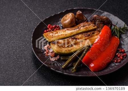 Vegetables. corn, bell peppers, zucchini, and mushrooms grilled or barbecued. Grilled vegetables Vegetables. corn, bell peppers, zucchini, and mushrooms grilled or barbecued. Grilled vegetables 136970189