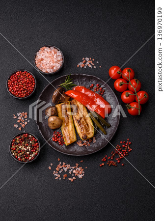Vegetables. corn, bell peppers, zucchini, and mushrooms grilled or barbecued. Grilled vegetables Vegetables. corn, bell peppers, zucchini, and mushrooms grilled or barbecued. Grilled vegetables 136970199