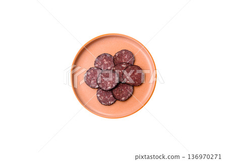 Black blood pudding, grilled pork sausage cooked for dinner. Blood pudding Black blood pudding, grilled pork sausage cooked for dinner. Blood pudding 136970271