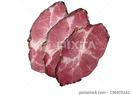Meat, smoked ham, or pork sausage sliced for breakfast sandwiches. Sliced ham Meat, smoked ham, or pork sausage sliced for breakfast sandwiches. Sliced ham 136970282