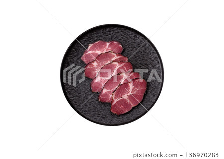 Meat, smoked ham, or pork sausage sliced for breakfast sandwiches. Sliced ham Meat, smoked ham, or pork sausage sliced for breakfast sandwiches. Sliced ham 136970283