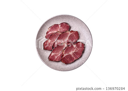 Meat, smoked ham, or pork sausage sliced for breakfast sandwiches. Sliced ham Meat, smoked ham, or pork sausage sliced for breakfast sandwiches. Sliced ham 136970284