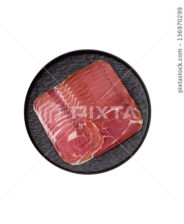 Meat, ham, jamon, or prosciutto sliced for breakfast bruschetta. Sliced ham, jamon, or prosciutto Meat, ham, jamon, or prosciutto sliced for breakfast bruschetta. Sliced ham, jamon, or prosciutto 136970299