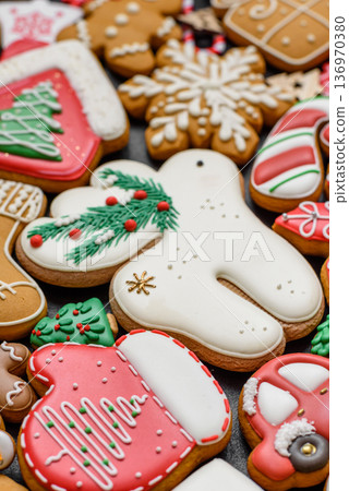 Christmas gingerbread cookies, sweet winter ginger cookies with ornament. Christmas gingerbread 136970380
