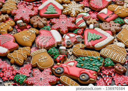 Christmas gingerbread cookies, sweet winter ginger cookies with ornament. Christmas gingerbread Christmas gingerbread cookies, sweet winter ginger cookies with ornament. Christmas gingerbread 136970384