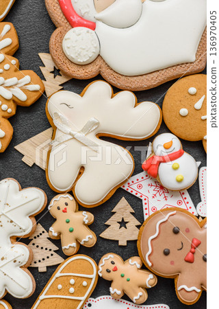 Christmas gingerbread cookies, sweet winter ginger cookies with ornament. Christmas gingerbread 136970405