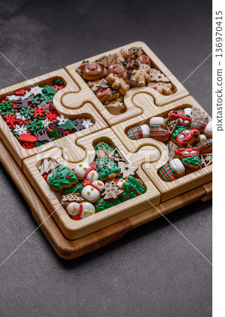 Christmas gingerbread cookies, sweet winter ginger cookies with ornament. Christmas gingerbread 136970415