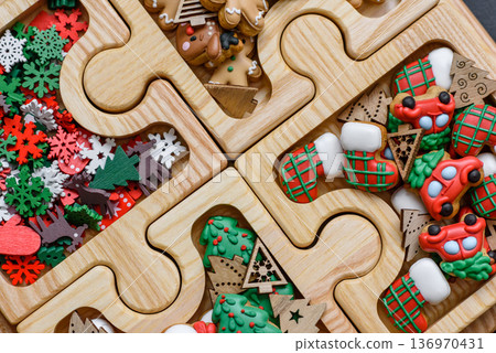 Christmas gingerbread cookies, sweet winter ginger cookies with ornament. Christmas gingerbread 136970431