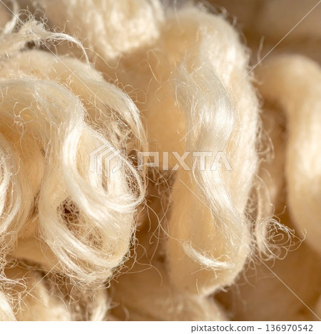Close Up of Beige Fiber Texture Detailed Yarn Threads with Soft and Fluffy Appearance 136970542