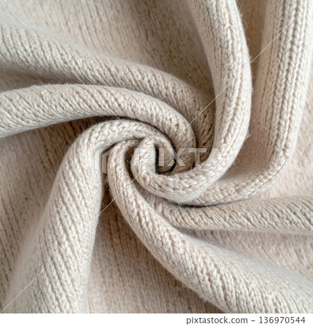 Swirling Beige Knitted Wool Fabric Close Up Detailed Pattern and Soft Texture 136970544