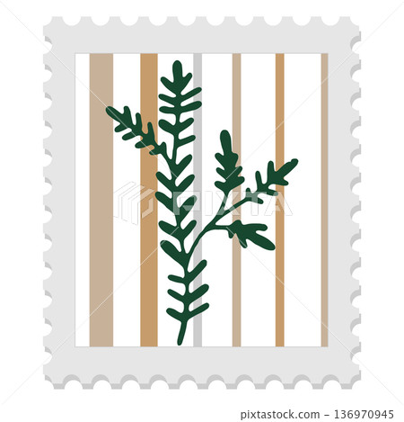 Postage stamp with a plant image and leaf silhouette on a striped background, minimalist vector illustration in folk art style. 136970945