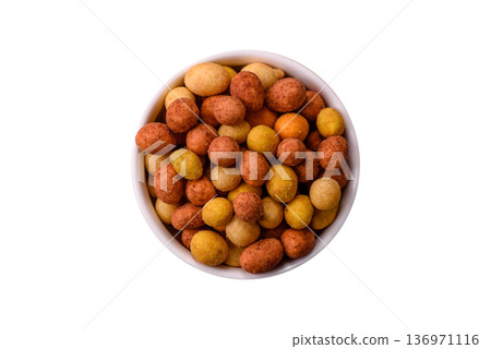 Food, nuts coated with salt and paprika, peanuts as a source of protein. Salted peanuts 136971116