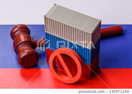 Containers on the russian flag as concept for embargoes and export bans. The russian export ban 136971249