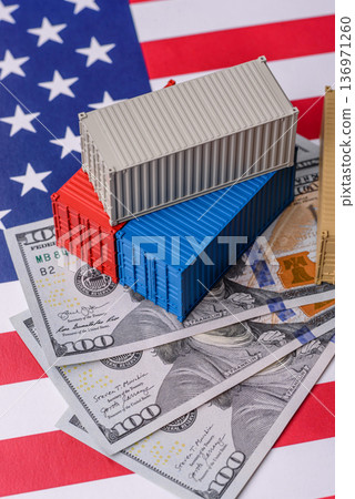 Cargo containers on the US flag as a conceptual backdrop for goods export and logistics. Cargo containers Cargo containers on the US flag as a conceptual backdrop for goods export and logistics. Cargo containers 136971260