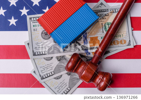 The cargo container ban on the US flag as a conceptual backdrop. The cargo container embargo 136971266