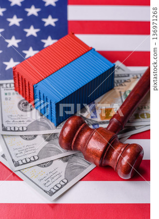 The cargo container ban on the US flag as a conceptual backdrop. The cargo container embargo 136971268