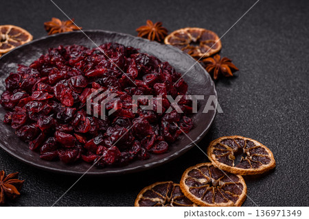 Dried sweet cranberries, natural berries for a healthy diet. Dried cranberries Dried sweet cranberries, natural berries for a healthy diet. Dried cranberries 136971349