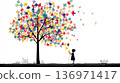 A lonely girl at the wish tree, consisting of pieces of bright multicolored puzzles. A conceptual illustration on the topic of autism and the perception of the world of people with spectrum disorder 136971417