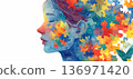 An illustration of an abstract portrait of a sensual woman immersed in her thoughts, depicted in the form of pieces of colorful puzzles. World Autism Day 136971420