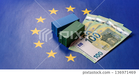 Cargo containers on the EU flag as a conceptual backdrop. Cargo containers on the EU flag Cargo containers on the EU flag as a conceptual backdrop. Cargo containers on the EU flag 136971469