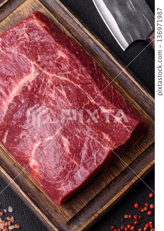 A piece of raw beef, a tenderloin for grilling or barbecue. Raw beef A piece of raw beef, a tenderloin for grilling or barbecue. Raw beef 136971987