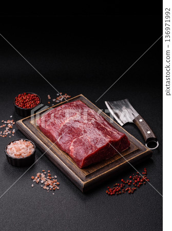 A piece of raw beef, a tenderloin for grilling or barbecue. Raw beef A piece of raw beef, a tenderloin for grilling or barbecue. Raw beef 136971992