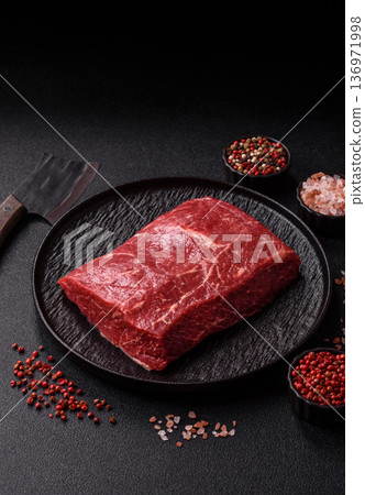 A piece of raw beef, a tenderloin for grilling or barbecue. Raw beef A piece of raw beef, a tenderloin for grilling or barbecue. Raw beef 136971998